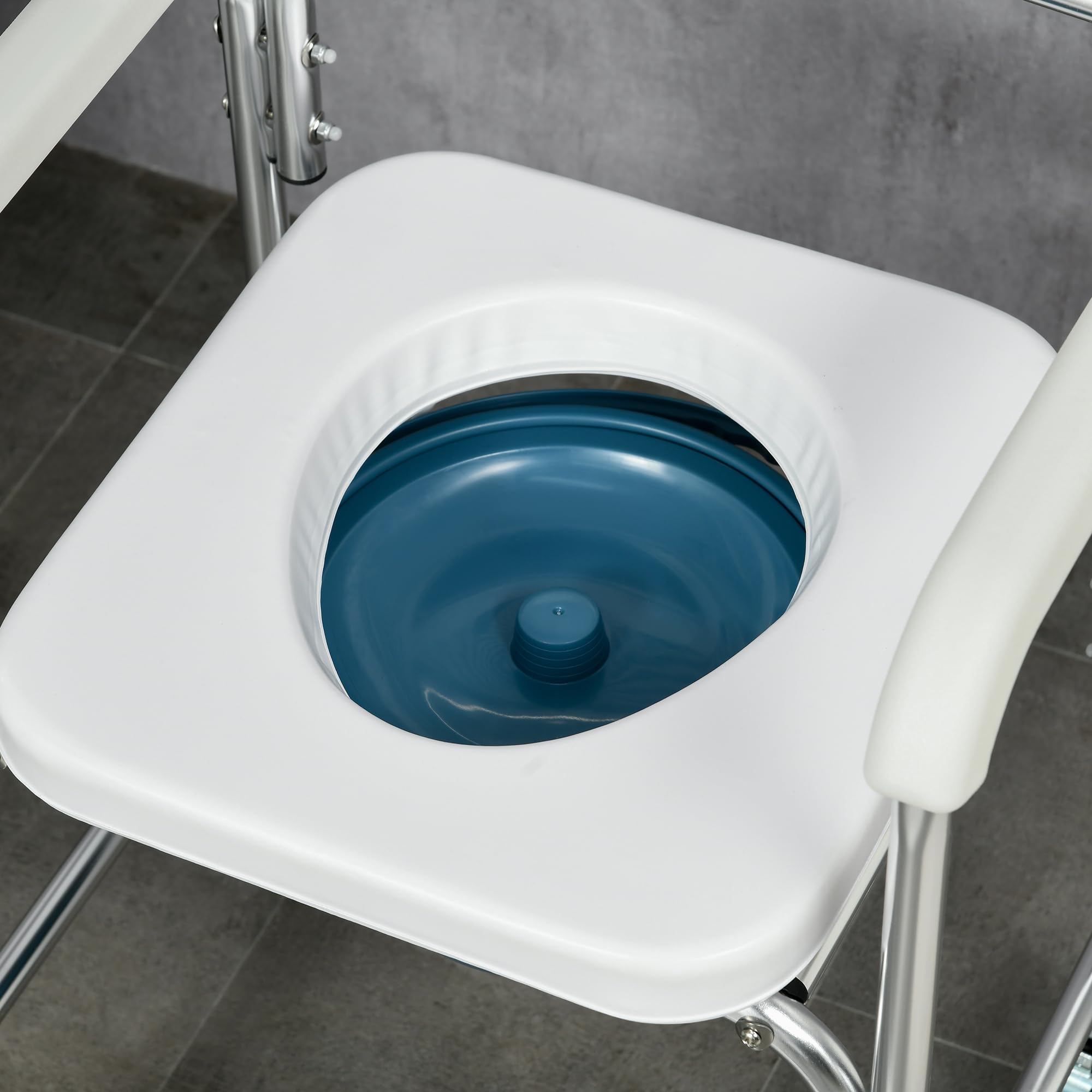 HOMCOM 3-in-1 Shower Commode Wheelchair, Transport Beside Commode Chair, Waterproof Rolling Over Toilet Chair 330 lbs. Weight Capacity with Padded Seat, White