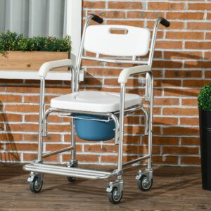 HOMCOM 3-in-1 Shower Commode Wheelchair, Transport Beside Commode Chair, Waterproof Rolling Over Toilet Chair 330 lbs. Weight Capacity with Padded Seat, White