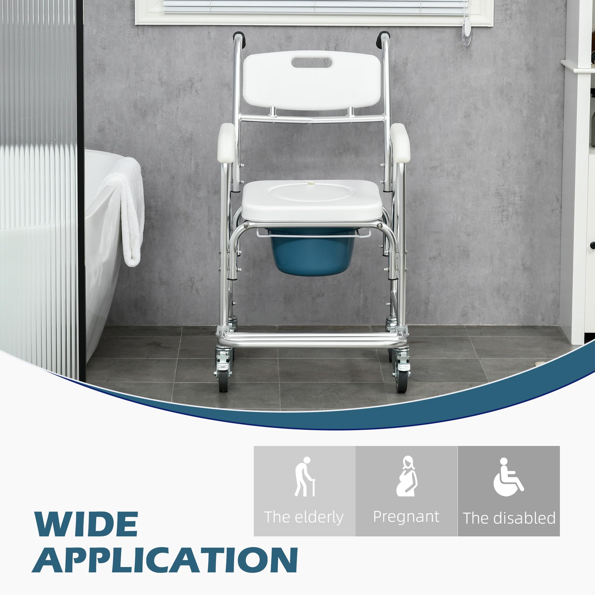 HOMCOM 3-in-1 Shower Commode Wheelchair, Transport Beside Commode Chair, Waterproof Rolling Over Toilet Chair 330 lbs. Weight Capacity with Padded Seat, White