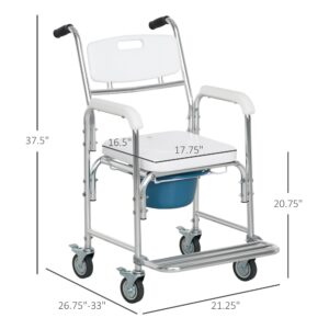 HOMCOM 3-in-1 Shower Commode Wheelchair, Transport Beside Commode Chair, Waterproof Rolling Over Toilet Chair 330 lbs. Weight Capacity with Padded Seat, White