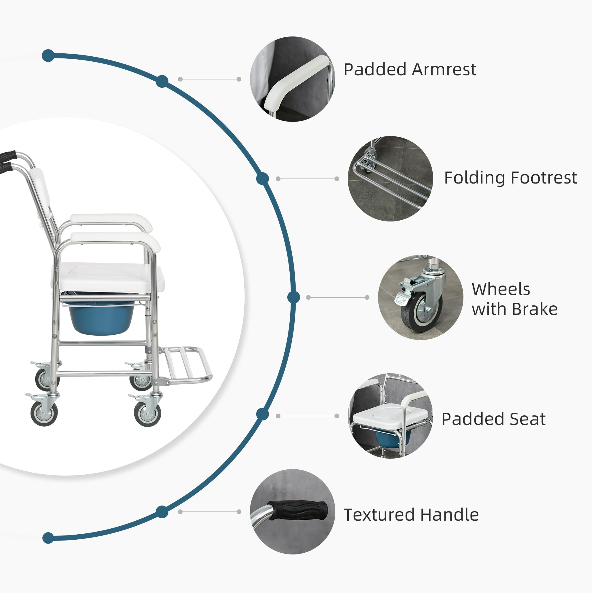 HOMCOM 3-in-1 Shower Commode Wheelchair, Transport Beside Commode Chair, Waterproof Rolling Over Toilet Chair 330 lbs. Weight Capacity with Padded Seat, White