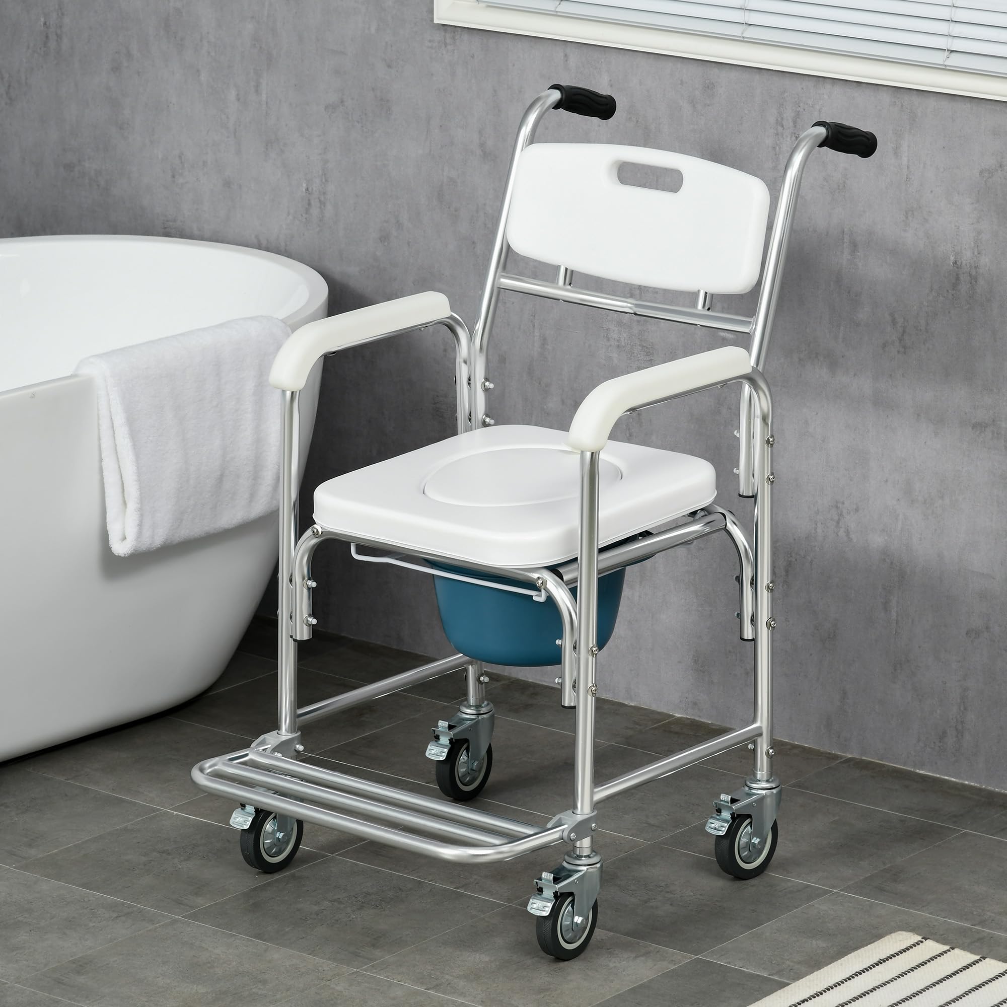 HOMCOM 3-in-1 Shower Commode Wheelchair, Transport Beside Commode Chair, Waterproof Rolling Over Toilet Chair 330 lbs. Weight Capacity with Padded Seat, White