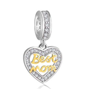 ENJOOOY Sterling Silver Mother Charm Best Mom Charm Pendant with 24k Gold Plating Heart Love Charm Bead fit Women Charm Bracelets