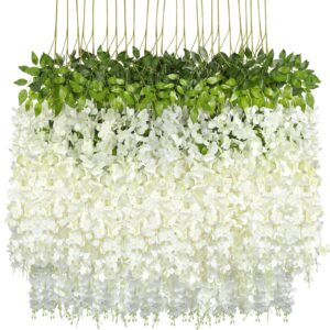 Pauwer Wisteria Hanging Flowers 24 Pack Fake Flower Garland Artificial Wisteria Vines Rattan Silk Flower String Wedding Party Wall Decorations,White