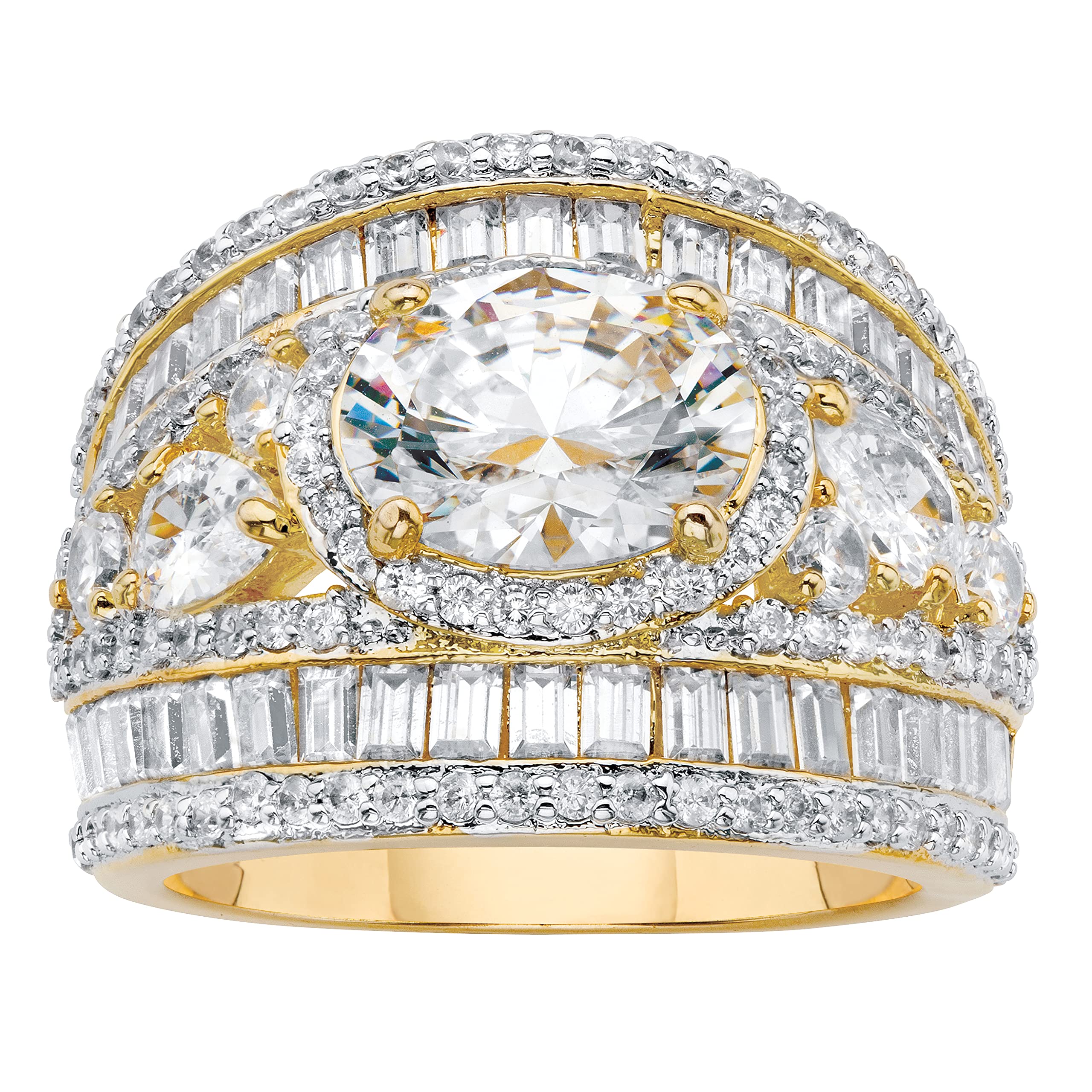 PalmBeach Jewelry Gold-Plated or Platinum-Plated Oval Cut Cubic Zirconia Halo Engagement Ring with Pear Cut and Baguette Cut Accents Size 6