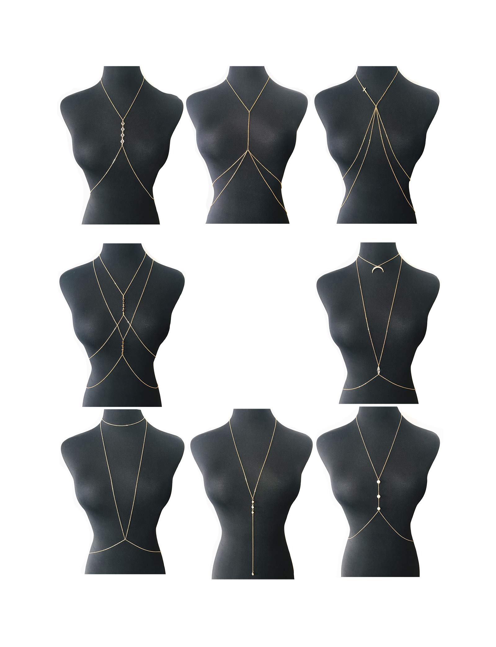 Tornito 8Pcs Sexy Body Chain Belly Waist Chain Necklace Summer Beach Bikini Bra Body Jewelry for Women Gold Tone