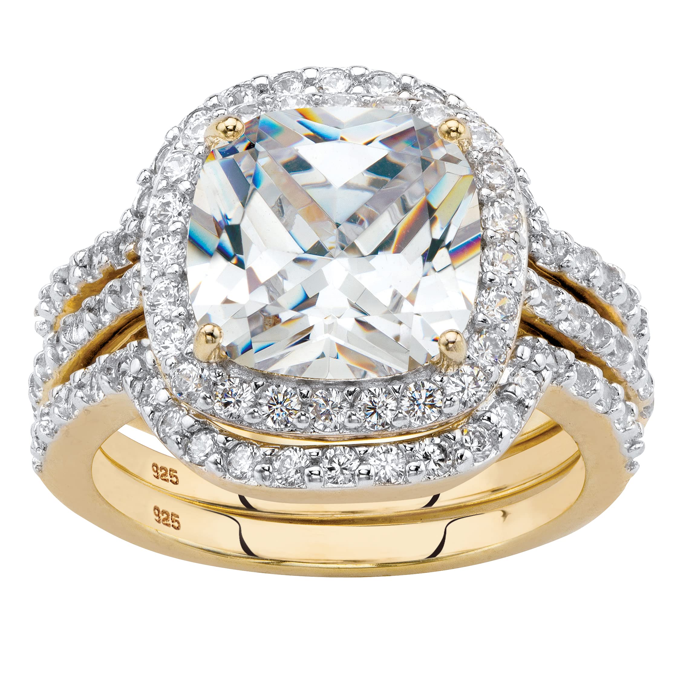 PalmBeach Jewelry Yellow Gold-Plated or Platinum-Plated Sterling Silver Cushion Cut Cubic Zirconia 2 Piece Double Halo Bridal Ring Set Size 7