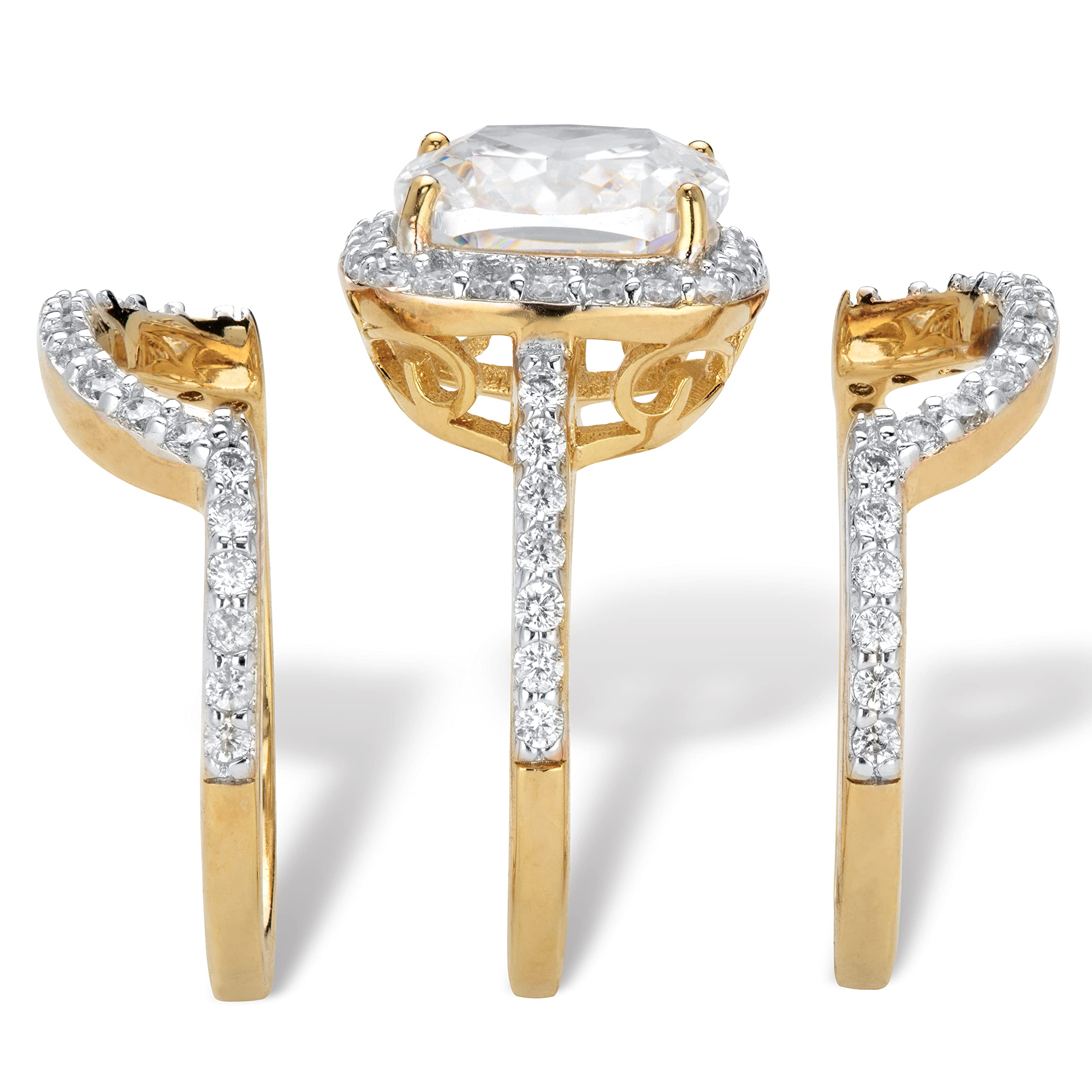 PalmBeach Jewelry Yellow Gold-Plated or Platinum-Plated Sterling Silver Cushion Cut Cubic Zirconia 2 Piece Double Halo Bridal Ring Set Size 7