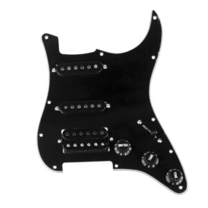 musiclily basic 11 hole hss loaded guitar strat pickguard prewired pickguard with alnico 5 pickup humbucker for fender american/mexican stratocaster standard modern style electric guitar, 3ply black