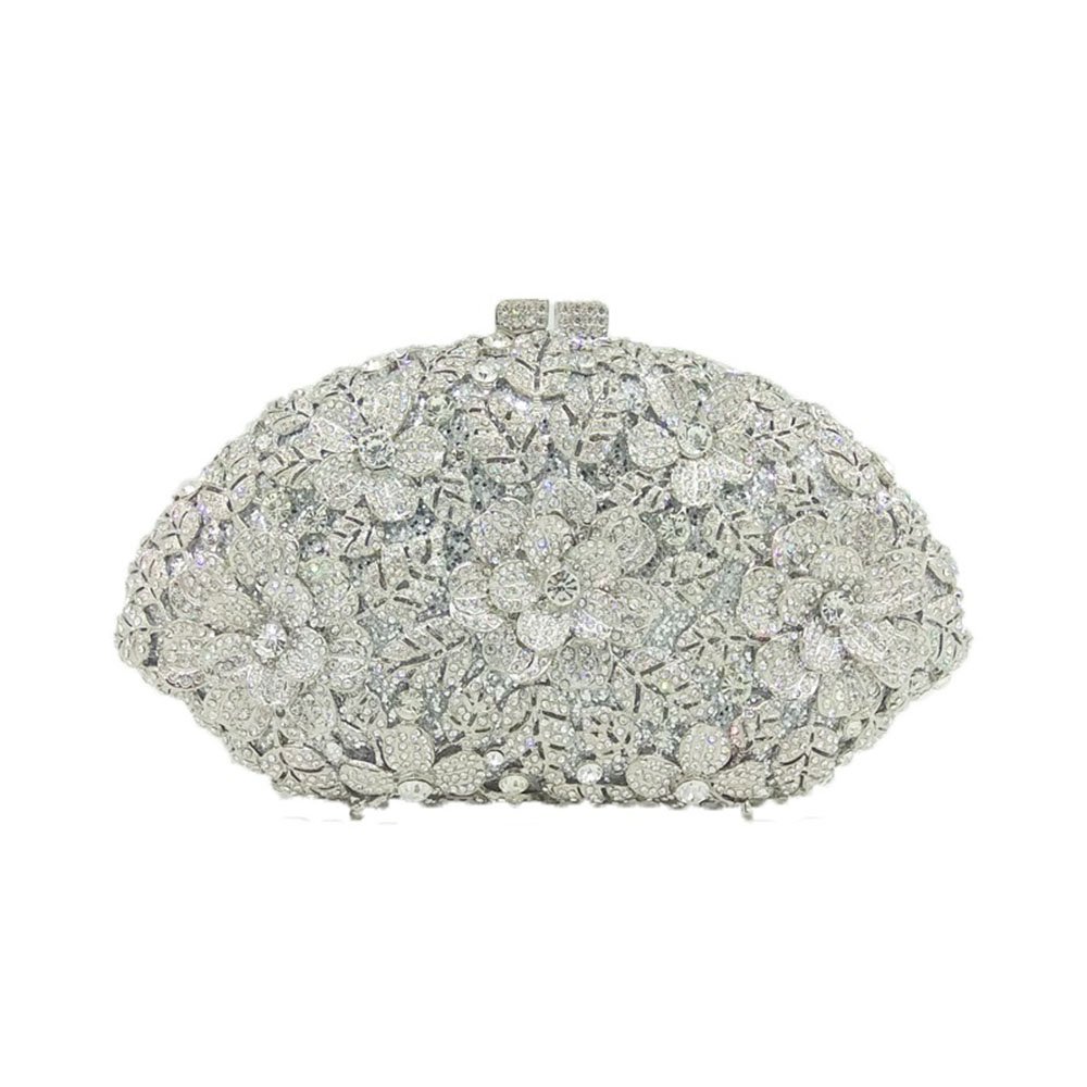 Dazzling Flower Women Silver Crystal Clutch Evening Bag Wedding Party Diamond Handbag and Purse