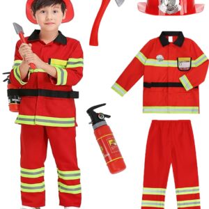 yolsun Fireman Costume for Kids, Boys' and Girls' Firefighter Dress up, Fire Fighter with Toy Accessories Set Halloween Role Play(Red,4-5 Years)