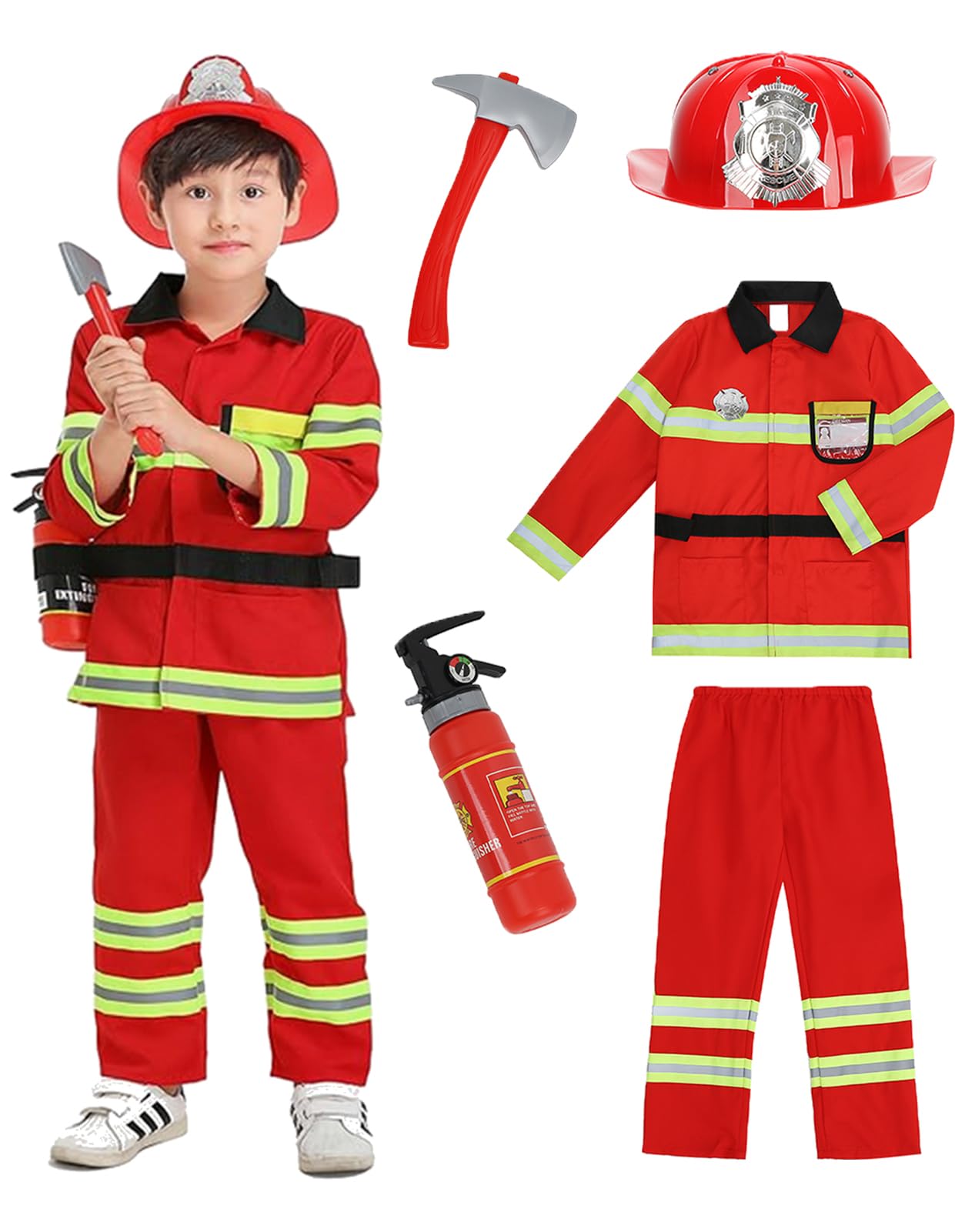 yolsun Fireman Costume for Kids, Boys' and Girls' Firefighter Dress up, Fire Fighter with Toy Accessories Set Halloween Role Play(Red,4-5 Years)