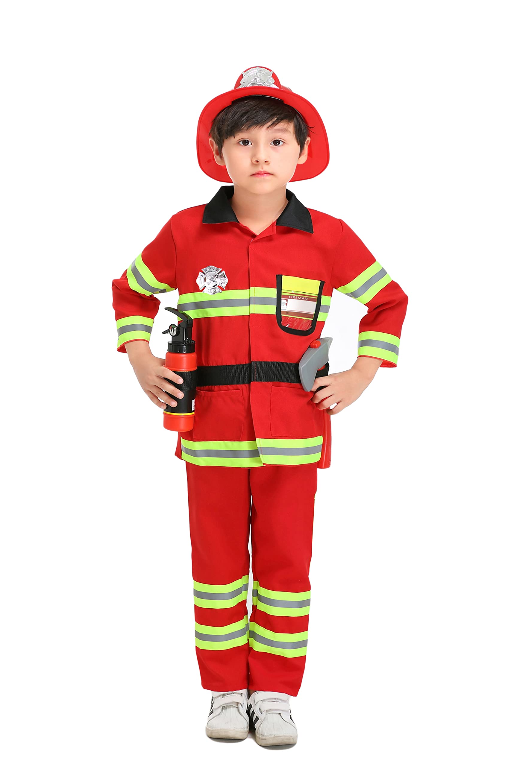 yolsun Fireman Costume for Kids, Boys' and Girls' Firefighter Dress up, Fire Fighter with Toy Accessories Set Halloween Role Play(Red,4-5 Years)