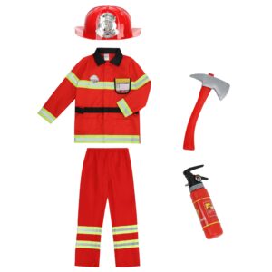 yolsun Fireman Costume for Kids, Boys' and Girls' Firefighter Dress up, Fire Fighter with Toy Accessories Set Halloween Role Play(Red,4-5 Years)