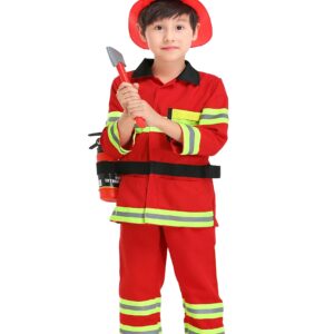 yolsun Fireman Costume for Kids, Boys' and Girls' Firefighter Dress up, Fire Fighter with Toy Accessories Set Halloween Role Play(Red,4-5 Years)