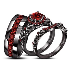 gemstar jewellery red garnet engagement ring wedding trio set for his and her black gold plated