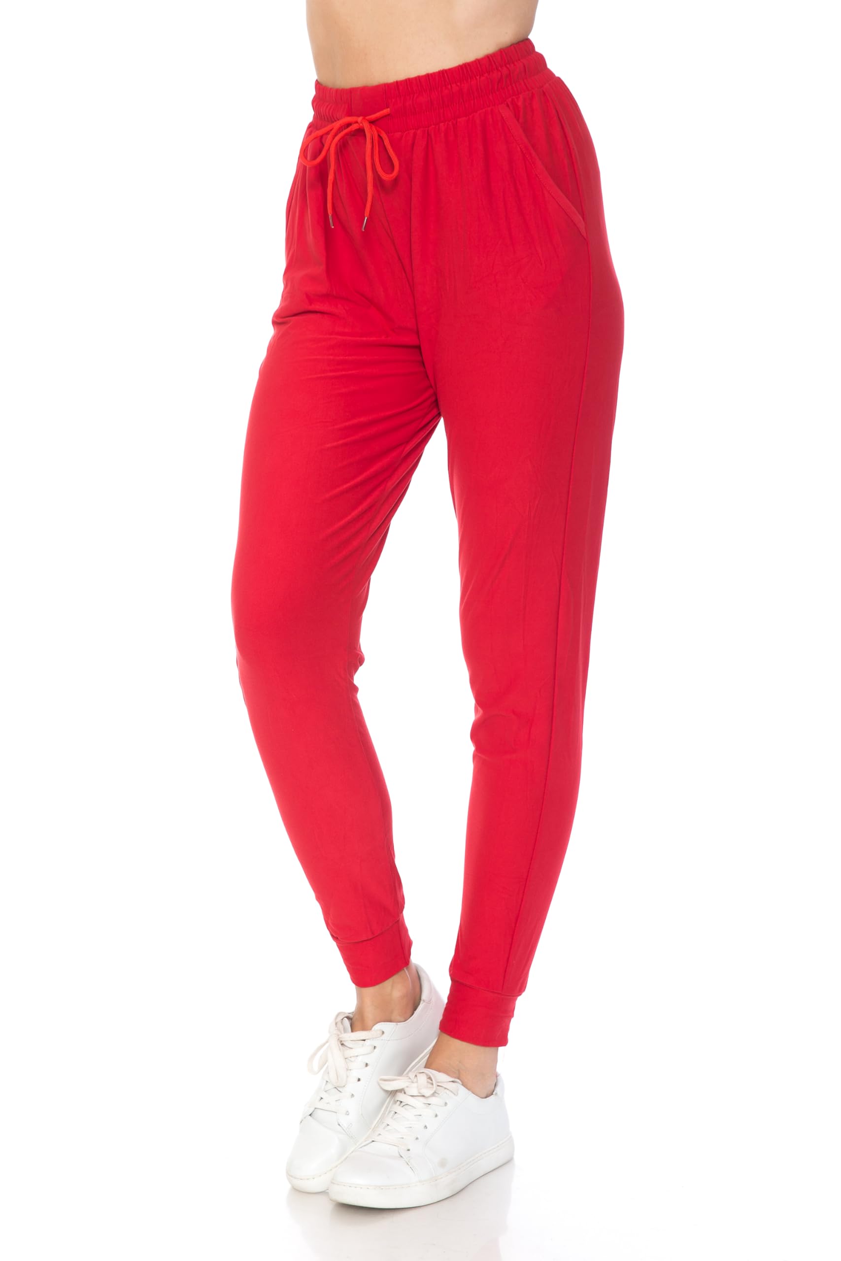 Leggings Depot Womens Relaxed fit Jogger Pants - Track Cuff Sweatpants with Pockets, Red, Small