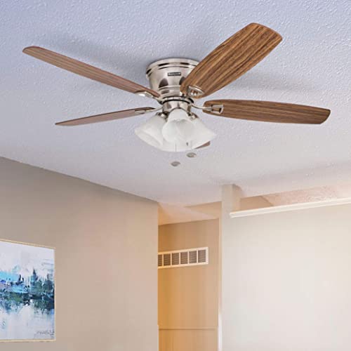 Honeywell Ceiling Fans Glen Alden, 52 Inch Classic Flush Mount Indoor LED Ceiling Fan with Light, Pull Chain, Quick-2-Hang Dual Finish Blades, Reversible Motor - 50519-01 (Brushed Nickel)