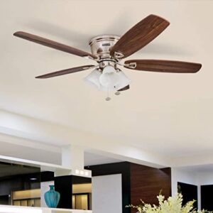 Honeywell Ceiling Fans Glen Alden, 52 Inch Classic Flush Mount Indoor LED Ceiling Fan with Light, Pull Chain, Quick-2-Hang Dual Finish Blades, Reversible Motor - 50519-01 (Brushed Nickel)