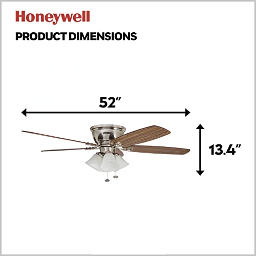 Honeywell Ceiling Fans Glen Alden, 52 Inch Classic Flush Mount Indoor LED Ceiling Fan with Light, Pull Chain, Quick-2-Hang Dual Finish Blades, Reversible Motor - 50519-01 (Brushed Nickel)