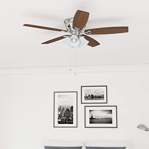 Honeywell Ceiling Fans Glen Alden, 52 Inch Classic Flush Mount Indoor LED Ceiling Fan with Light, Pull Chain, Quick-2-Hang Dual Finish Blades, Reversible Motor - 50519-01 (Brushed Nickel)