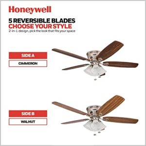 Honeywell Ceiling Fans Glen Alden, 52 Inch Classic Flush Mount Indoor LED Ceiling Fan with Light, Pull Chain, Quick-2-Hang Dual Finish Blades, Reversible Motor - 50519-01 (Brushed Nickel)