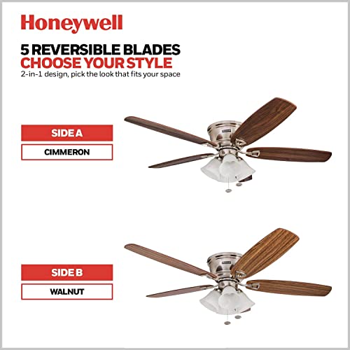 Honeywell Ceiling Fans Glen Alden, 52 Inch Classic Flush Mount Indoor LED Ceiling Fan with Light, Pull Chain, Quick-2-Hang Dual Finish Blades, Reversible Motor - 50519-01 (Brushed Nickel)