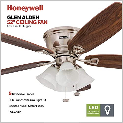 Honeywell Ceiling Fans Glen Alden, 52 Inch Classic Flush Mount Indoor LED Ceiling Fan with Light, Pull Chain, Quick-2-Hang Dual Finish Blades, Reversible Motor - 50519-01 (Brushed Nickel)