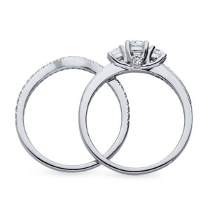 BERRICLE Sterling Silver 3-Stone Wedding Engagement Rings Round Cubic Zirconia CZ Ring Set for Women, Rhodium Plated Size 5