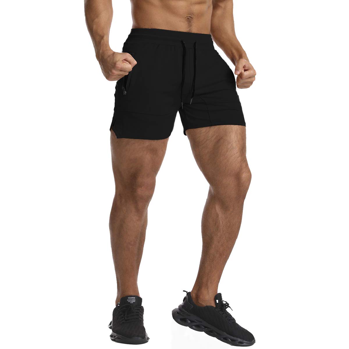 EVERWORTH Men's Solid Gym Workout Shorts Bodybuilding Running Fitted Training Jogging Short Pants with Zipper Pocket Black XL