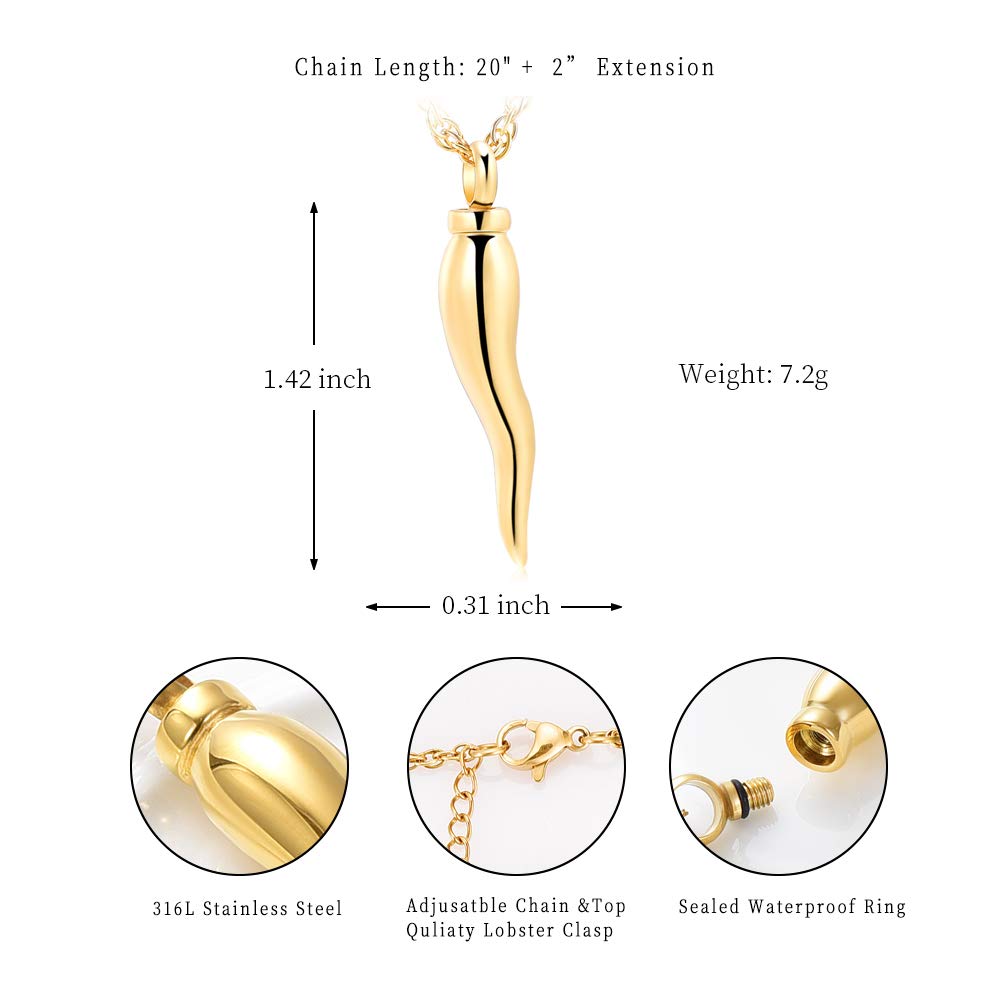 Cremation Jewelry Italian Horn Urn Necklaces for Ashes for Women Men Memorial Keepsake Necklace for Human Pet Ashes (Gold)