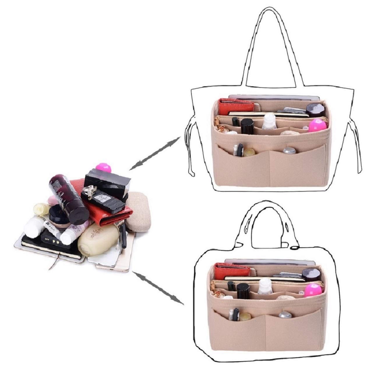 ZTUJO Purse Organizer Insert, Felt Bag Organizer with Metal Zipper, Handbag & Tote Shaper, For Speedy Neverfull Tote, 7 Sizes (Medium, Beige)