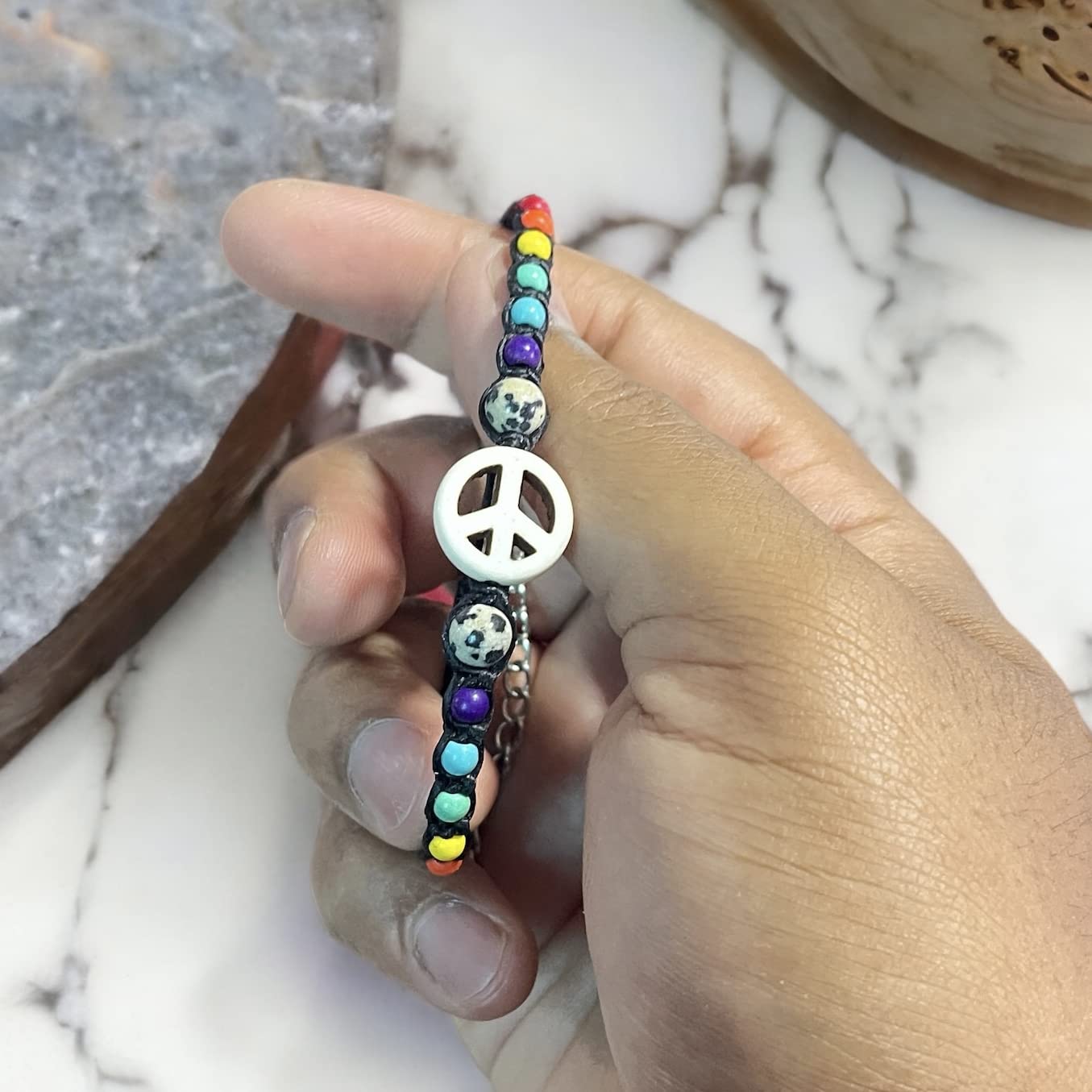 Nove Jewelry Leather Peace Sign Hemp Bracelet - Handmade Bracelet - Adjustable Bracelet (Raibbow White)