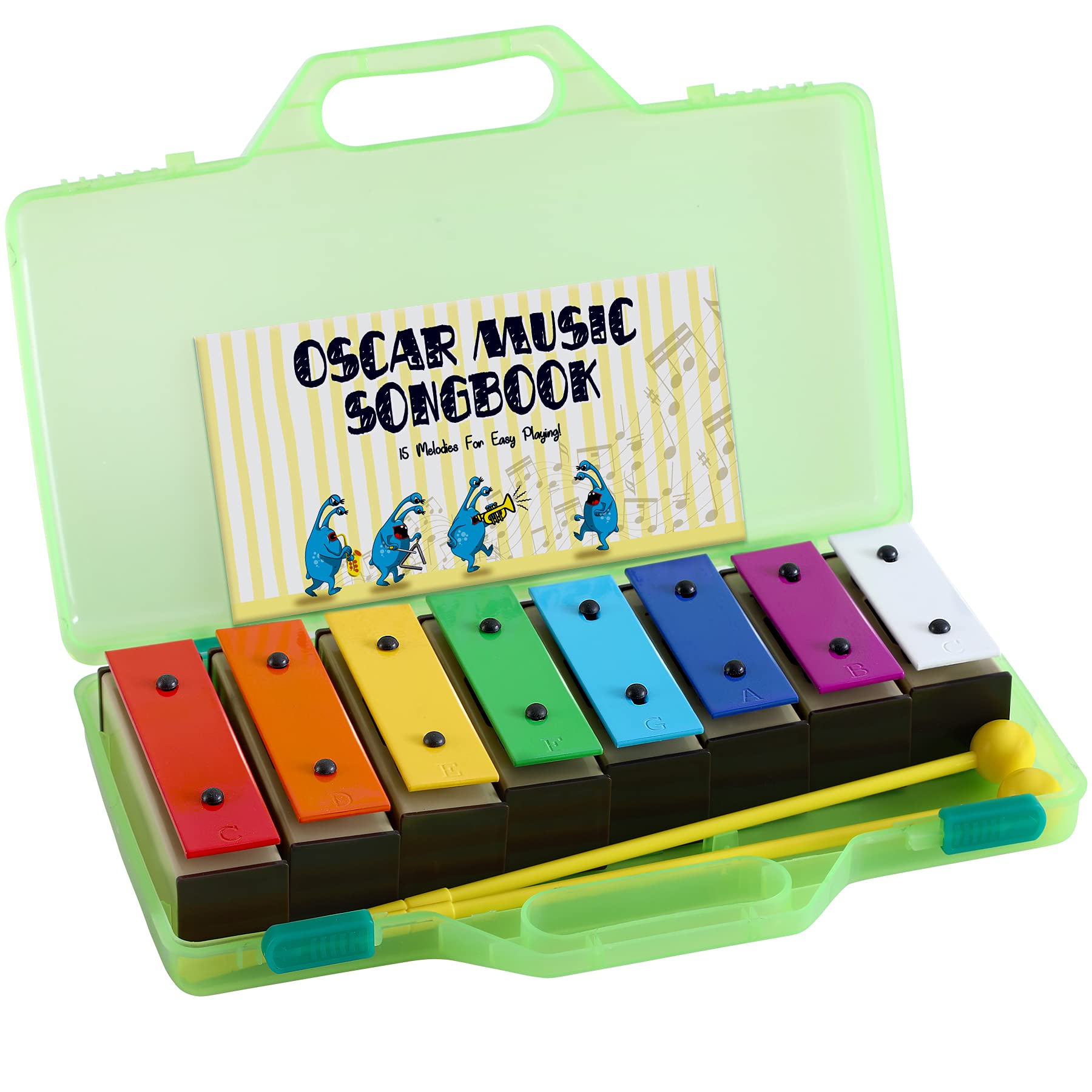 MINIARTIS Glockenspiel Xylophone | Educational Music Toys for Toddlers | 8 Notes Colorful Resonator Bells for Kids with 15 Songbook & Green Case | Great Birthday Gift for Children