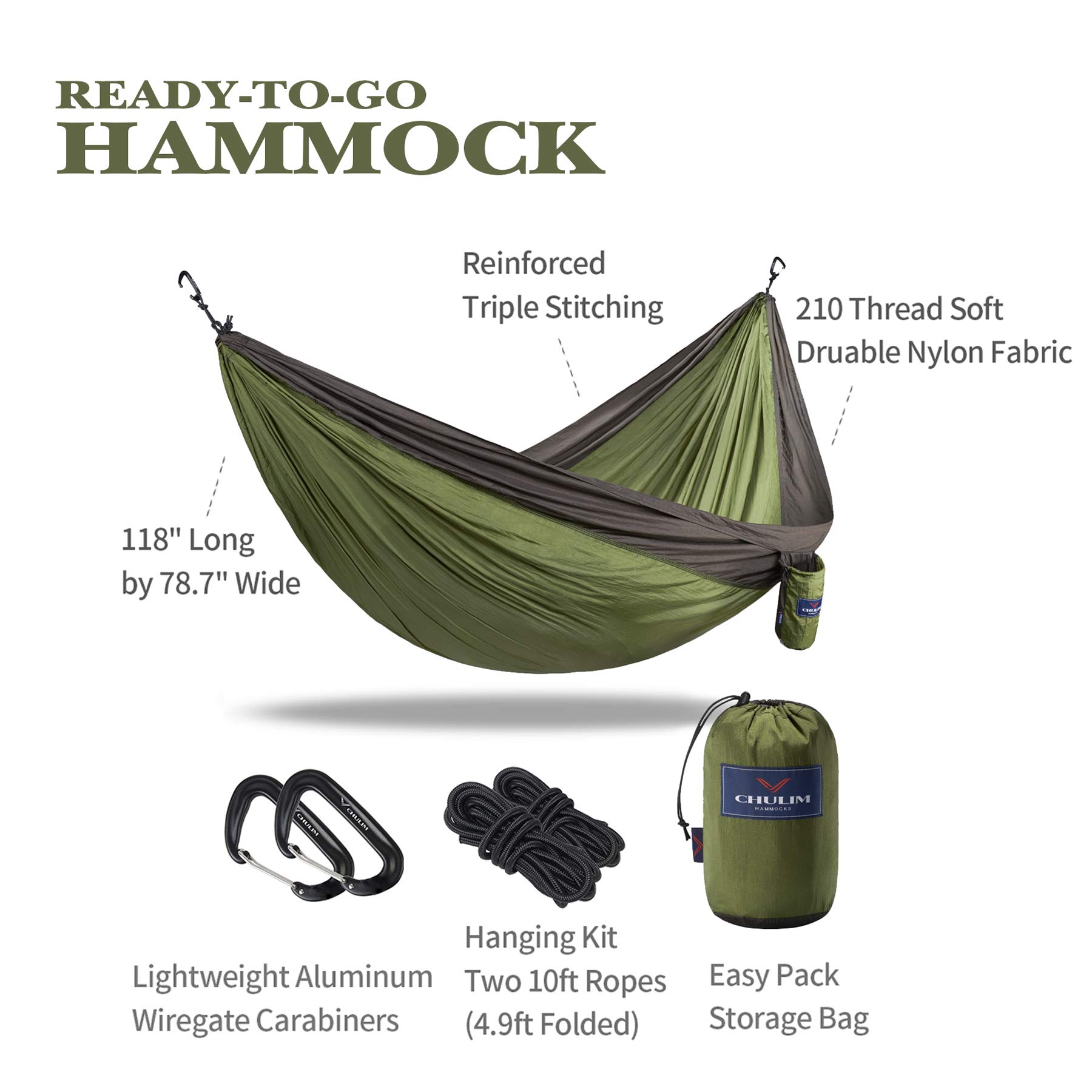 CHULIM Double Camping Hammock with Tree Hanging Kit and 12kn Aluminum Wiregate Carabiner. 118"L x 78"W,Lightweight Portable Camping Gear.Parachute Nylon Hammock for Camping,Travel,Backpacking,Beach.