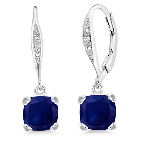 Gem Stone King 925 Sterling Silver Blue Sapphire and White Diamond Earrings For Women (4.01 Cttw, Gemstone September Birthstone, Cushion 7MM)