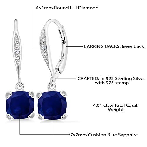 Gem Stone King 925 Sterling Silver Blue Sapphire and White Diamond Earrings For Women (4.01 Cttw, Gemstone September Birthstone, Cushion 7MM)