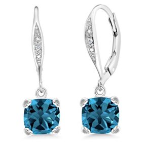 gem stone king 925 sterling silver london blue topaz and white diamond earrings for women (3.71 cttw, gemstone november birthstone, cushion 7mm)