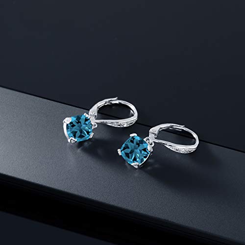 Gem Stone King 925 Sterling Silver London Blue Topaz and White Diamond Earrings For Women (3.71 Cttw, Gemstone November Birthstone, Cushion 7MM)