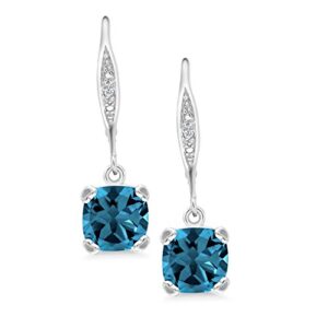 Gem Stone King 925 Sterling Silver London Blue Topaz and White Diamond Earrings For Women (3.71 Cttw, Gemstone November Birthstone, Cushion 7MM)