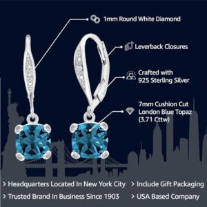 Gem Stone King 925 Sterling Silver London Blue Topaz and White Diamond Earrings For Women (3.71 Cttw, Gemstone November Birthstone, Cushion 7MM)