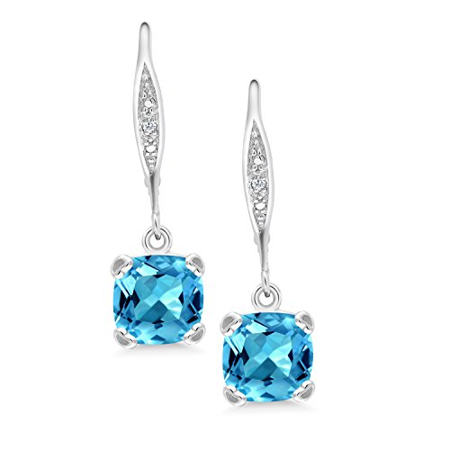 Gem Stone King 925 Sterling Silver Swiss Blue Topaz and White Diamond Earrings For Women (3.71 Cttw, Gemstone November Birthstone, Cushion 7MM)