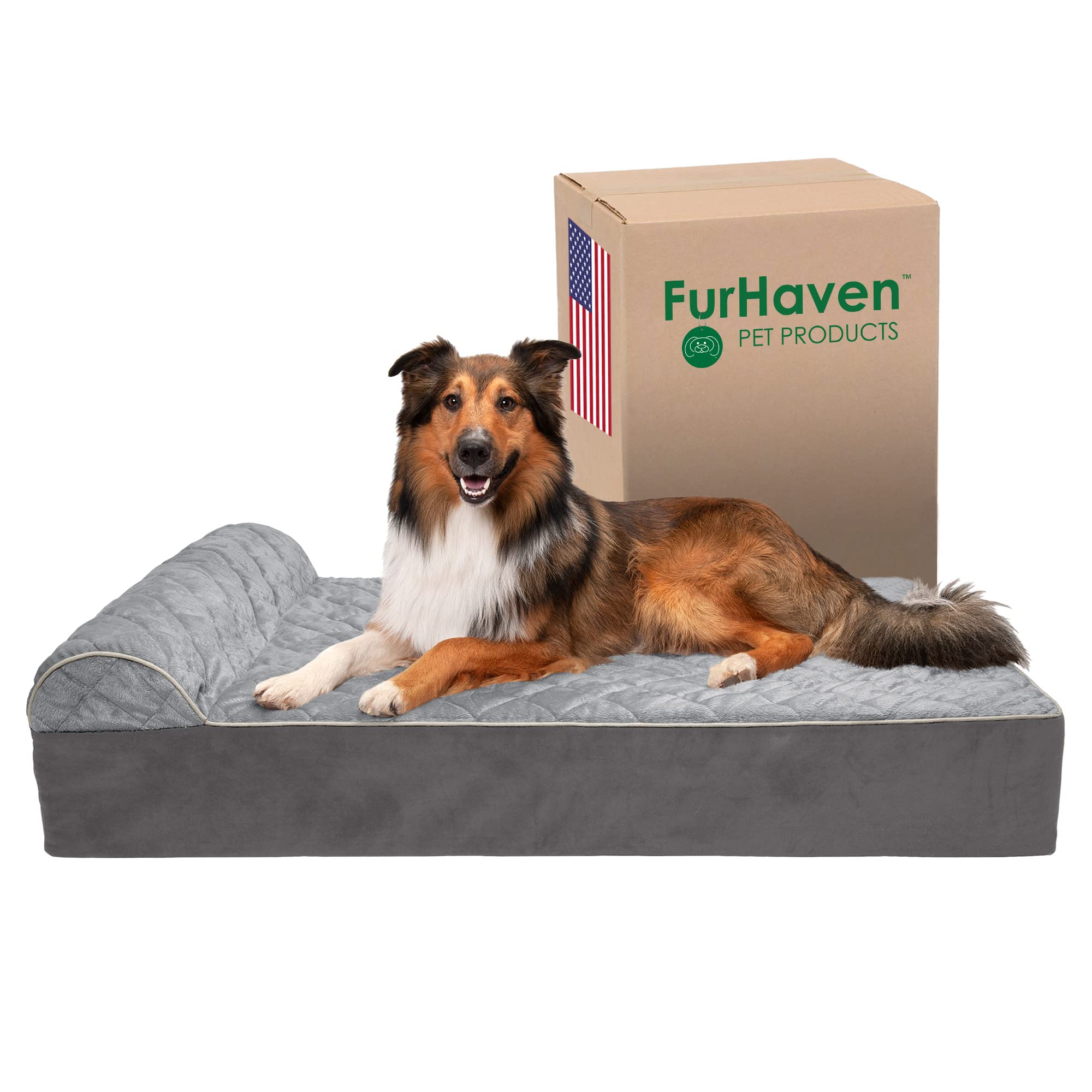 Furhaven Orthopedic Dog Bed for Extra Large Dogs w/ Bonus Water-Resistant Liner & Removable Washable Cover, For Dogs Up to 300 lbs - Goliath Quilted Faux Fur & Velvet Bolster Chaise - Gray, XXL