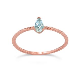 Dainty 14k Rose Gold Solitaire Aquamarine Pear-Shaped Modern Engagement Rope Ring (Size 6.25)