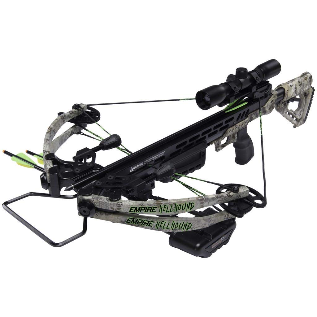 SA Sports 649 Empire Hellhound 370 Crossbow Package - 370fps, Scope Quiver, Arrows, Rope Cocking Device, Kryptek Camouflage, 165lb Draw Weight