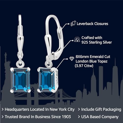 Gem Stone King 925 Sterling Silver 8X6MM Emerald Cut Gemstone Birthstone Leverback Drop Dangle Earrings For Women