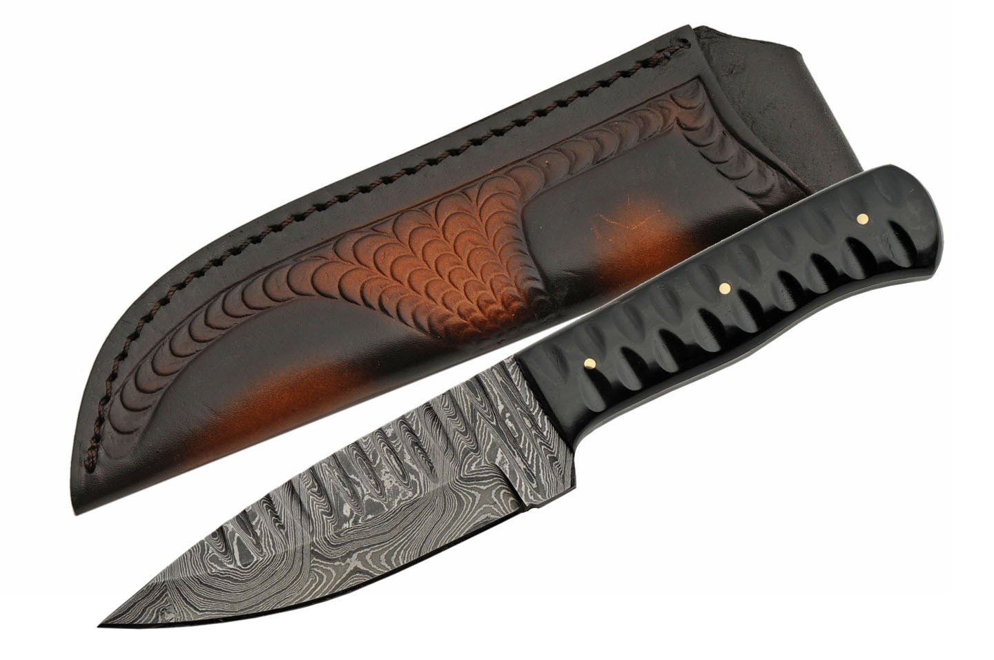 SZCO Supplies Damascus Steel Horn Shark Tooth Knife Hunting Knife