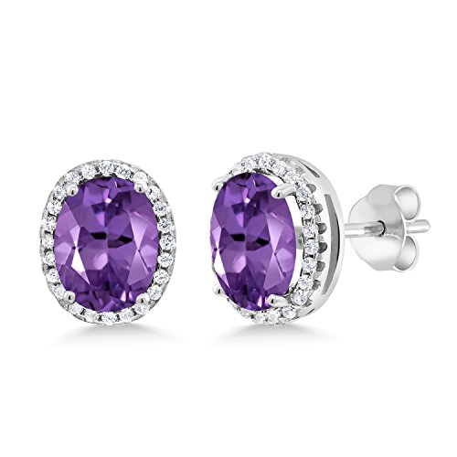 Gem Stone King 925 Sterling Silver Purple Amethyst Halo Earrings For Women (3.80 Cttw, Gemstone Birthstone, Oval 9X7MM)