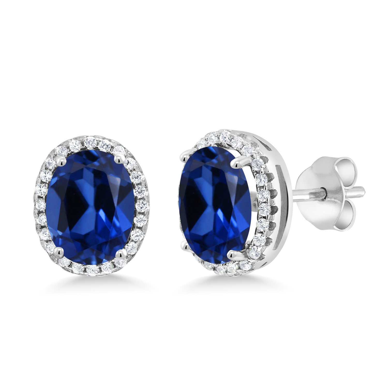 Gem Stone King 5.08 Cttw Blue Created Sapphire Halo Earrings For Women In 925 Sterling Silver | Oval 9X7MM