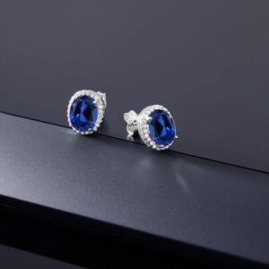 Gem Stone King 5.08 Cttw Blue Created Sapphire Halo Earrings For Women In 925 Sterling Silver | Oval 9X7MM